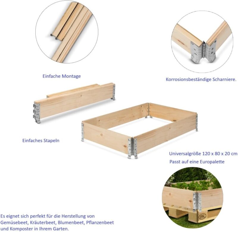 gardivo Hochbeet 120 x 80 x 20 cm - 3-teilig Palettenrahmen aus Holz, Beeteinfassung, Garten Hochbeete, Holzrahmen, Aufsatzrahmen auf Europalettefaltbar, stapelbar, steckbar – Bild 3