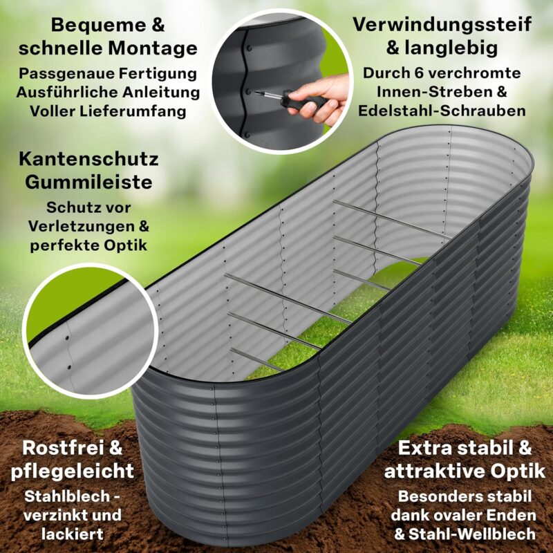 TTL GARDEN 240x80x80cm Elegance L Metall Hochbeet Anthrazit - Stahl rostfrei verzinkt & grau lackiert Wellblech ovale Form – Bild 4