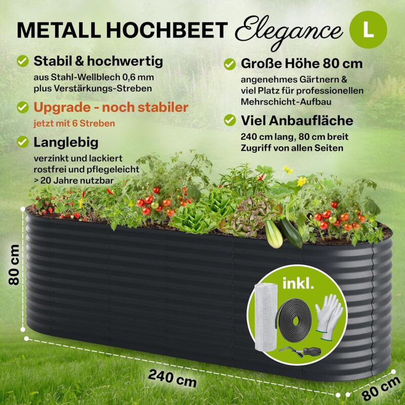 TTL GARDEN 240x80x80cm Elegance L Metall Hochbeet Anthrazit - Stahl rostfrei verzinkt & grau lackiert Wellblech ovale Form – Bild 3