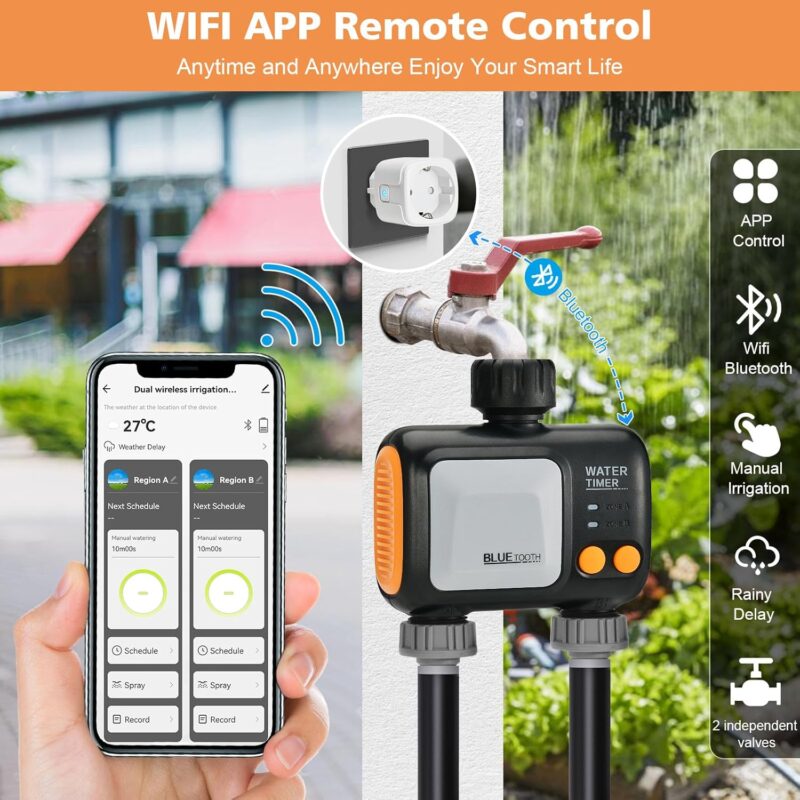 johgee Bewässerungscomputer WLAN 2 Ausgänge 2,4 GHz, Smart Bewässerungsuhr für Garten Bewässerung kompatibel mit Alexa & Smart Life App, mit Wi-Fi Hub für Gärten und Rasenflächen – Bild 2