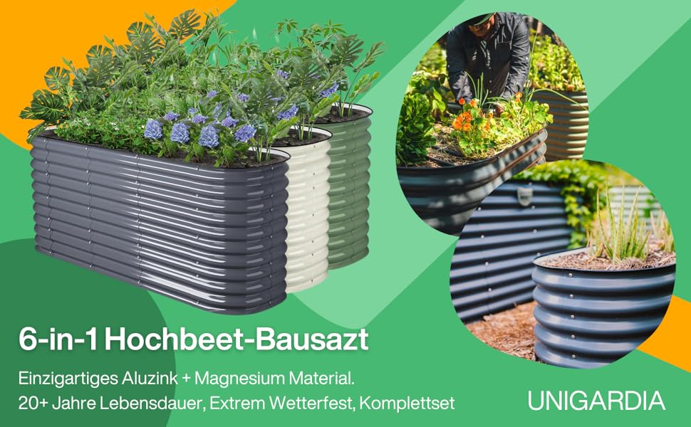 Gartenhochbeet-Set mit grauen Pflanzgefäßen aus Wellblech. Abgebildet in mehreren Größen, gefüllt mit Pflanzen und Blumen. Das Produkt zeichnet sich durch ein 6-in-1-Design, eine Lebensdauer von über 20 Jahren und Witterungsbeständigkeit