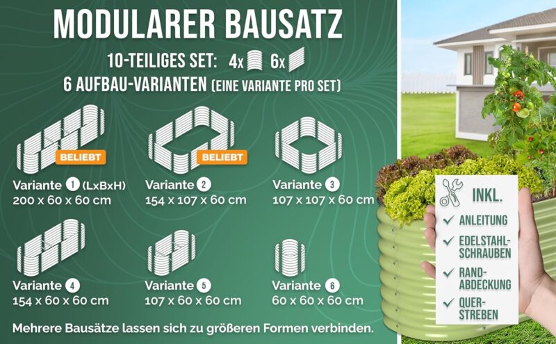 HOFGARTEN Metall Hochbeet 200x60x60 cm, 6-in-1 Hochbeete-Kit für den Garten, rostfrei & extrem stabil - für Gemüse, Kräuter & Blumen - Salbei (Grün) – Bild 3