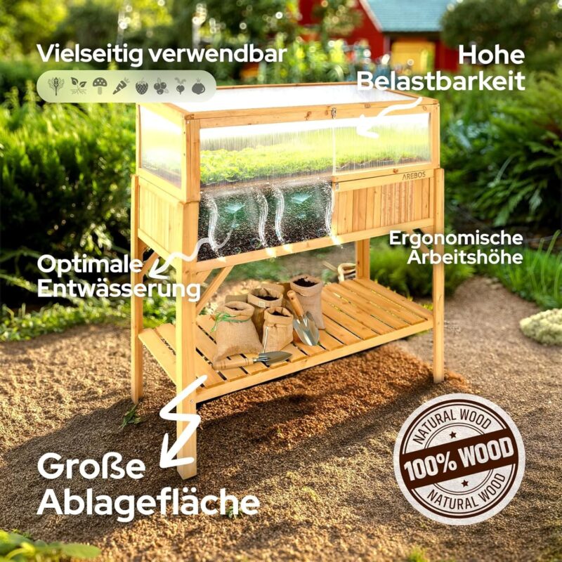 Arebos Hochbeet aus Holz mit Frühbeet-Aufsatz und Ablagefach | für Garten, Balkon und Terrasse | Innenleben mit Schutzvlies ausgestattet | 119 x 53 x 124 cm | Pflanzkasten & Blumenkasten | Pflanzbeet – Bild 2