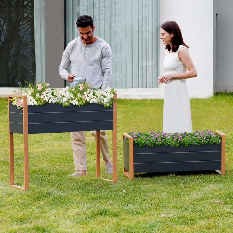 Grand patio Hochbeet Garten, Wetterfest, Metall Pflanzbeet mit Entwässerungslöcher, Blumenkasten für Outdoor, Balkon (100X38X91CM) – Bild 2