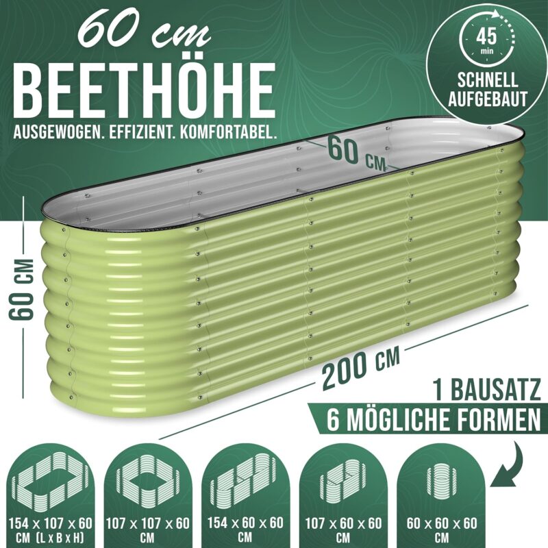 HOFGARTEN Metall Hochbeet 200x60x60 cm, 6-in-1 Hochbeete-Kit für den Garten, rostfrei & extrem stabil - für Gemüse, Kräuter & Blumen - Salbei (Grün) – Bild 2