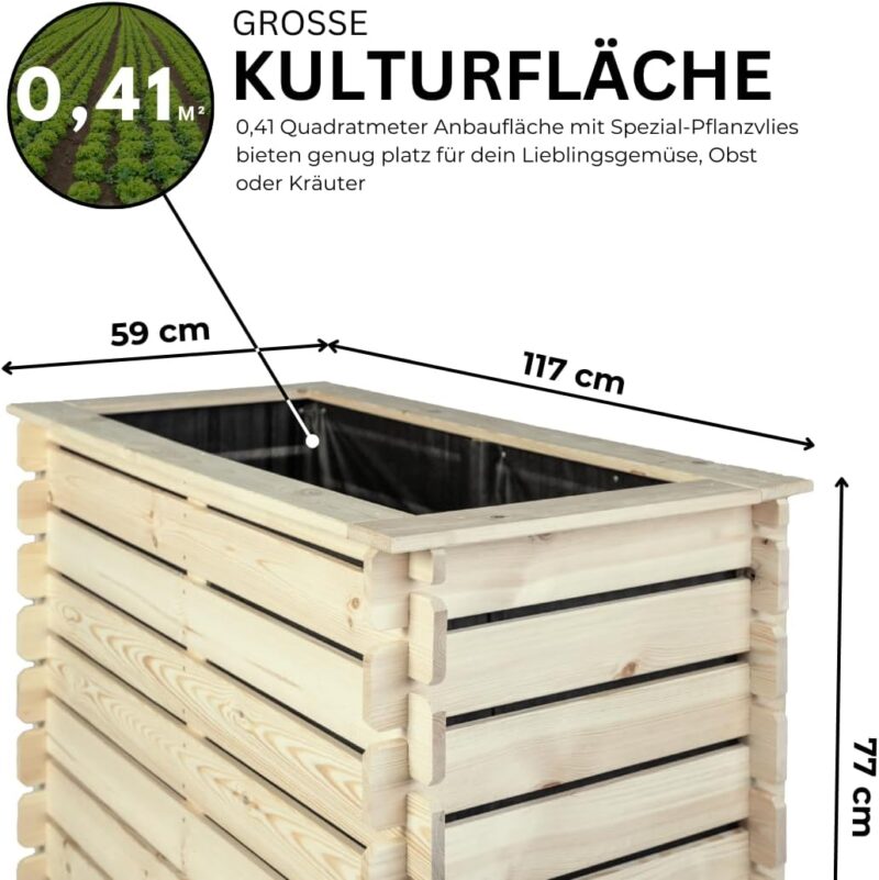 Mega Holz Hochbeet PLANTO 117x59x77 (BxTxH) aus Natürlicher Kiefer, Blumenbeet aus Holz, Wetterfest, Innen- und Außenbereich, Kräuterbeet für Garten, Balkon und Terrasse, Einfaches Stecksystem – Bild 2