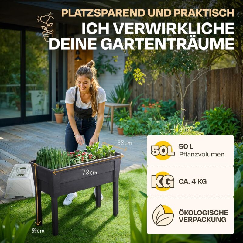 Ondis24 Garten Hochbeet Blumenkübel Victoria für Balkon, Pflanzkasten mit Gewächshaus, Volumen 50 L, Wasserspeicher, Tröpfchenbewässerung, abnehmbare Füße, Outdoor geeignet (Anthrazit) – Bild 2