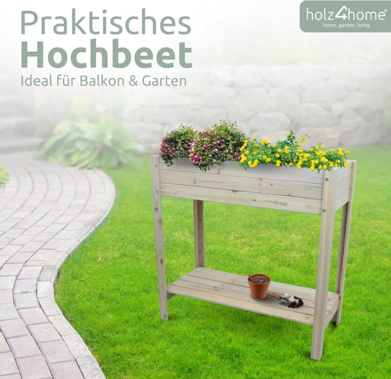 holz4home® Hochbeet inkl. Vlies-, Einlegevlies Naturholz Tanne Grauweiß | 80x37x78 cm I Hochwertiges Tannenholz I Ideal für den kleinen Garten, Terrasse oder Balkon – Bild 2