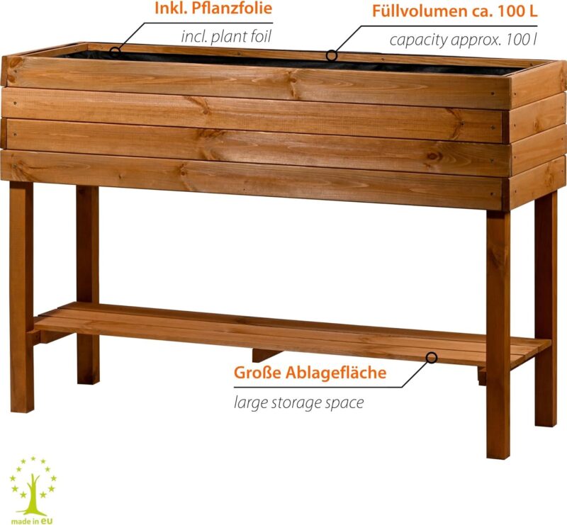 dobar® 58130FSCe Großes Hochbeet XXL mit Ablagefläche | Erhöhtes Gemüsebeet Massivholz | Kräuterbeet Wetterfest | Pflanzkasten für Balkon/Garten/Terrasse | 117 x 40 x 80 cm | Braun – Bild 3