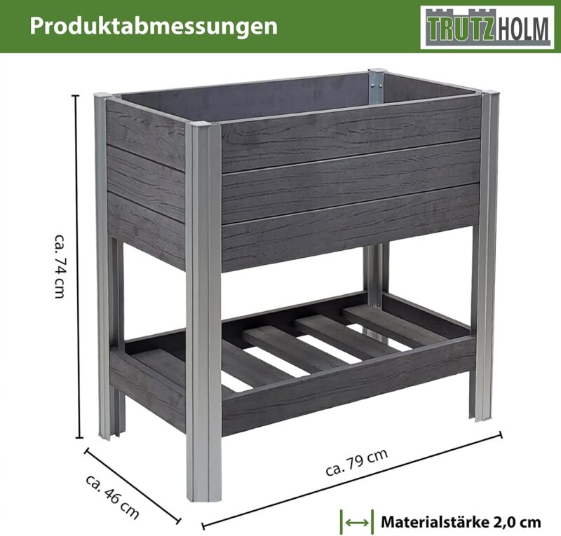 TRUTZHOLM Hochbeet mit Ablage 79x46x74 cm 65 Liter Holzoptik robust witterungsbeständig Kräuterbeet Pflanzkasten Anthrazit – Bild 3