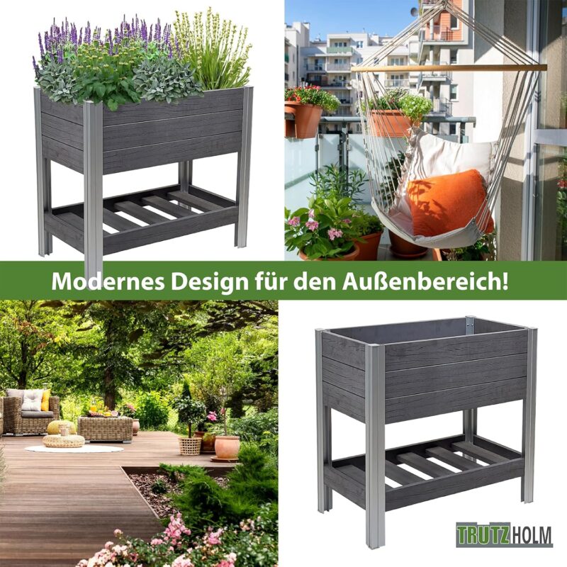 TRUTZHOLM Hochbeet mit Ablage 79x46x74 cm 65 Liter Holzoptik robust witterungsbeständig Kräuterbeet Pflanzkasten Anthrazit – Bild 4