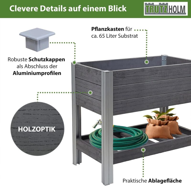 TRUTZHOLM Hochbeet mit Ablage 79x46x74 cm 65 Liter Holzoptik robust witterungsbeständig Kräuterbeet Pflanzkasten Anthrazit – Bild 5