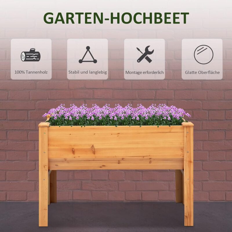 Outsunny Hochbeet aus Holz Kräuterbeet Pflanzkasten mit Abflussloch Haken Blumenkasten mit Füßen Massivholz Natur 120 x 60 x 81 cm – Bild 3