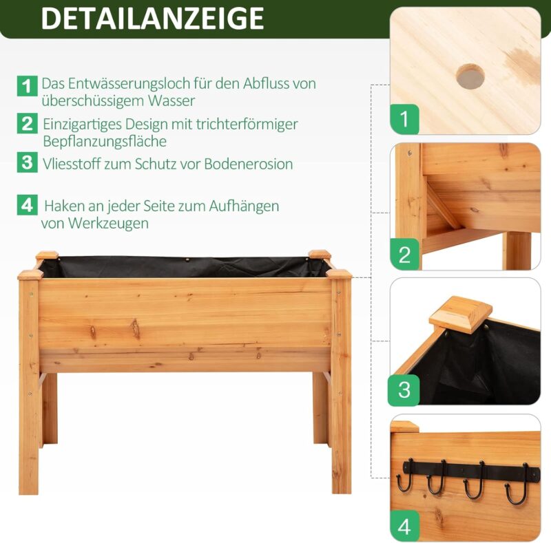 Outsunny Hochbeet aus Holz Kräuterbeet Pflanzkasten mit Abflussloch Haken Blumenkasten mit Füßen Massivholz Natur 120 x 60 x 81 cm – Bild 4