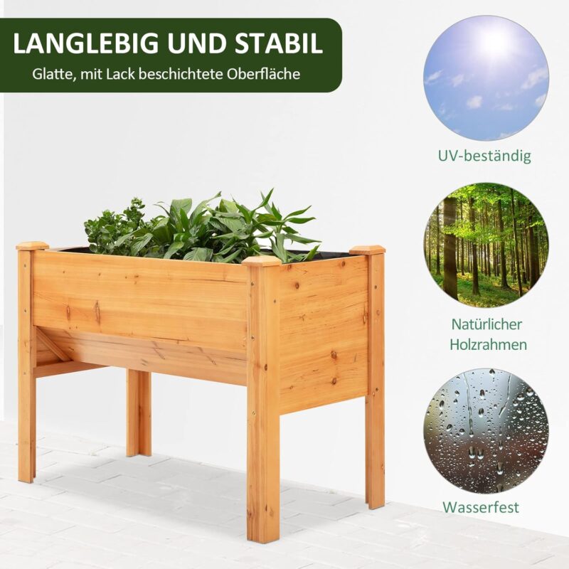 Outsunny Hochbeet aus Holz Kräuterbeet Pflanzkasten mit Abflussloch Haken Blumenkasten mit Füßen Massivholz Natur 120 x 60 x 81 cm – Bild 5