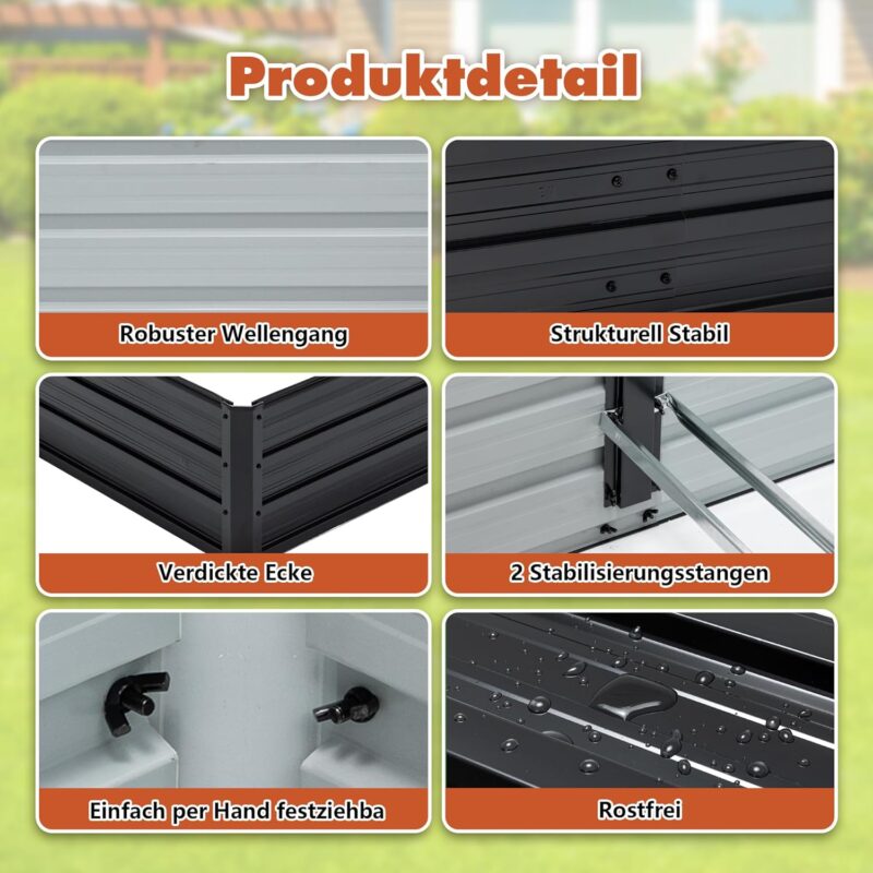 Thanaddo Hochbeet Metall Pflanzbeet, rechteckig Gemüsebeet aus verzinktem Stahl, Gartenbeet Pflanzkasten Pflanzkasten Blumenkasten für Garten & Terrasse, 190x90x34cm, Anthrazit – Bild 5