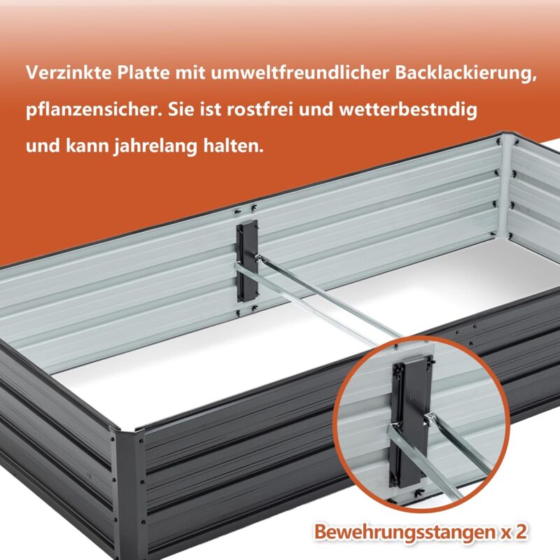 Thanaddo Hochbeet Metall Pflanzbeet, rechteckig Gemüsebeet aus verzinktem Stahl, Gartenbeet Pflanzkasten Pflanzkasten Blumenkasten für Garten & Terrasse, 190x90x34cm, Anthrazit – Bild 6