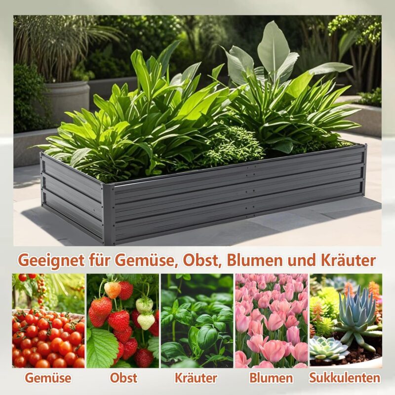 Thanaddo Hochbeet Metall Pflanzbeet, rechteckig Gemüsebeet aus verzinktem Stahl, Gartenbeet Pflanzkasten Pflanzkasten Blumenkasten für Garten & Terrasse, 190x90x34cm, Anthrazit – Bild 8