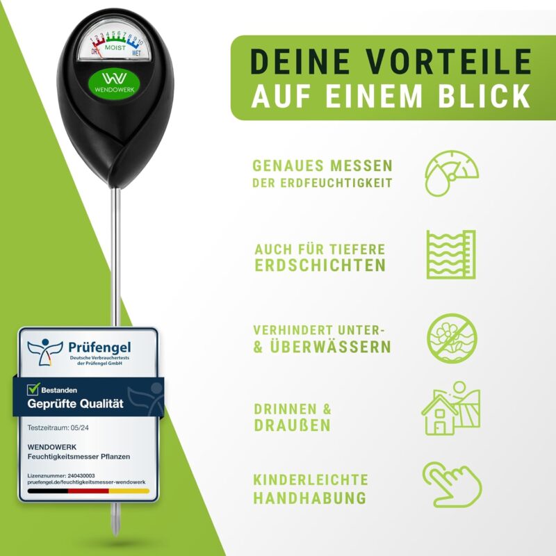 Wendowerk® Boden Feuchtigkeitsmesser für Pflanzen - [Grün/Schwarz] - Ohne Batterien - Verbessertes Feuchtigkeitsmessgerät Pflanzen [2025] – Premium Bodentester – Bild 4
