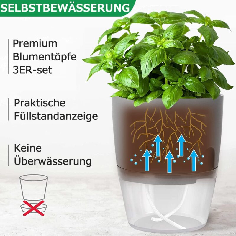 iDattel Kräutertopf Küche 3er Set, selbstbewässernd-3er - 18.2X 11x 15.3 cm, für frische Küchenkräuter – Bild 3