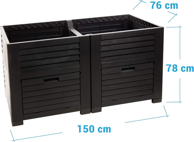 Hochbeet Garten XL, Hochbeete Kunststoff in Holzoptik mit 2 Staufächern für Gartenutensilien, 400 Liter Kräuterbeet für Garten, Terrase, Balkon, 150x76x78 cm, Farbe: anthrazit, Made in EU – Bild 2