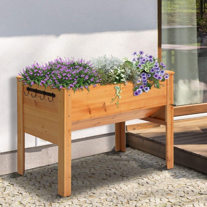 Outsunny Hochbeet aus Holz Kräuterbeet Pflanzkasten mit Abflussloch Haken Blumenkasten mit Füßen Massivholz Natur 120 x 60 x 81 cm – Bild 2