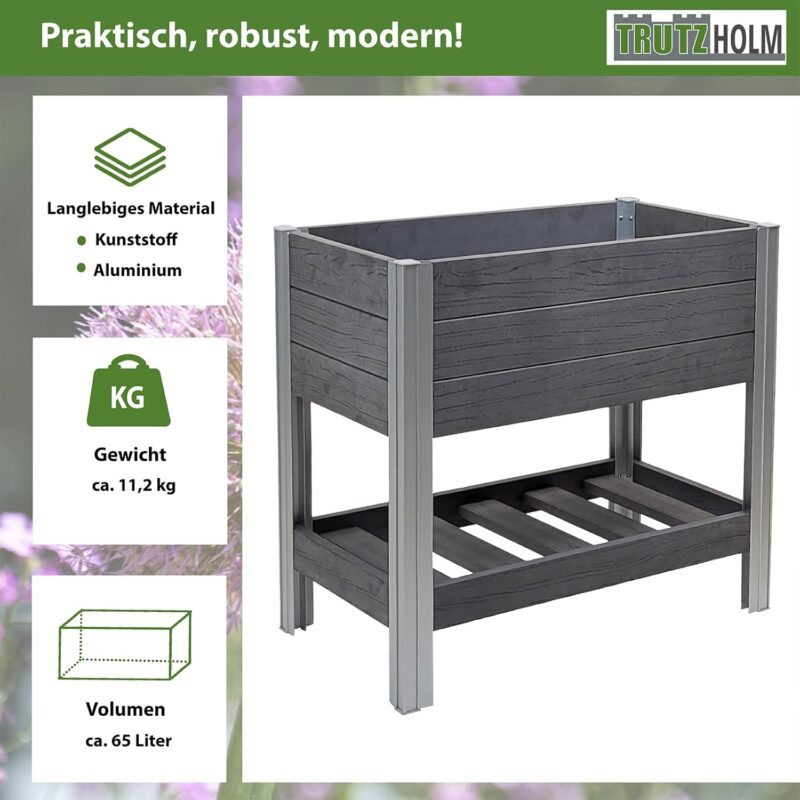 TRUTZHOLM Hochbeet mit Ablage 79x46x74 cm 65 Liter Holzoptik robust witterungsbeständig Kräuterbeet Pflanzkasten Anthrazit – Bild 2