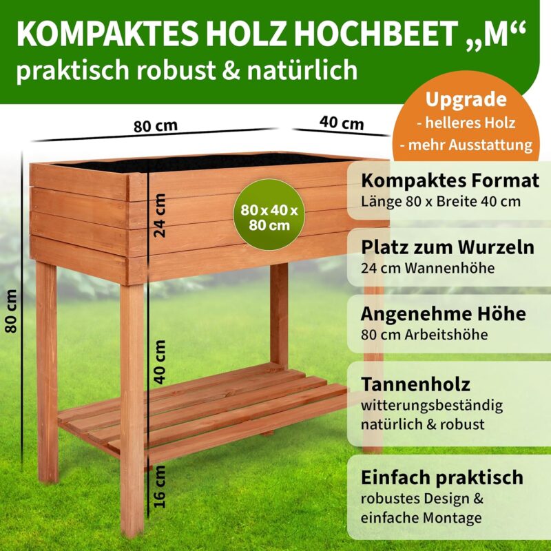 TTL GARDEN Balkon Hochbeet M 80x40x80cm aus Holz - Pflanzkasten & Blumenkasten mit Ablageboden & Folie - Tannenholz wetterfest - Pflanzbeet Kräuterbeet Blumenbeet für Garten Balkon Terrasse - Braun – Bild 2