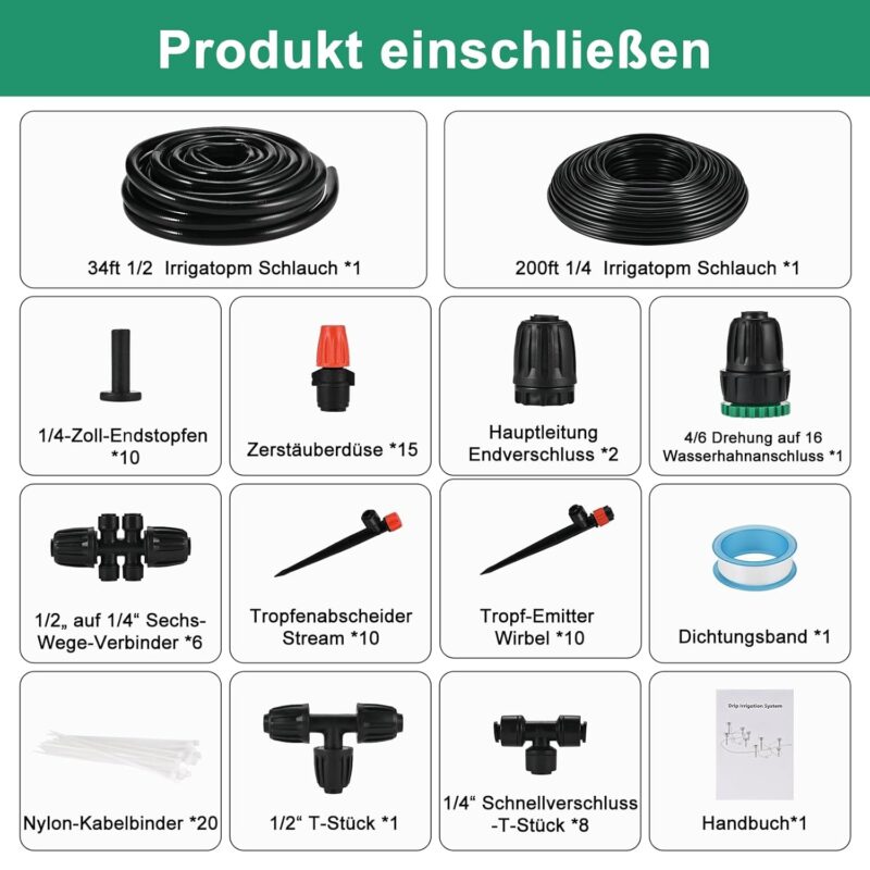 Tigvio 87 Stück Bewässerungssystem Garten mit 60M+10M Bewässerungsschlauch Bewässerung KIt, Tröpfchenbewässerung Automatische Bewässerung für Garten Terrasse Gewächshaus Blumen Pflanzen – Bild 2