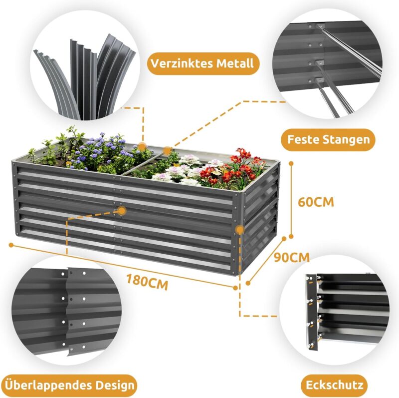 UDPATIO Hochbeet aus Metall,180x60x90 cm, Zink-Aluminium Freistehendes Hochbeete für Garten und Balkon, 970 L Pflanzkasten für Garten, zum Anbau von Gemüse, Blumen und Obst, Grauschwarz – Bild 2
