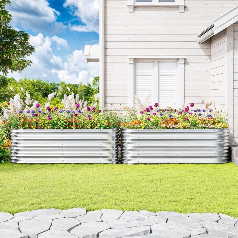 Xbro Hochbeet Metall 240x80x80 cm, Ovales Hochbeet Metall für Garten, Stabiles Gartenbeet für Gemüse, Kräuter & Blumen Ohne Boden, Silber – Bild 6