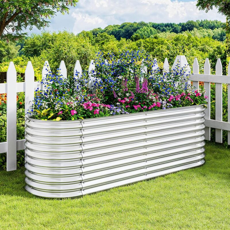 Xbro Hochbeet Metall 240x80x80 cm, Ovales Hochbeet Metall für Garten, Stabiles Gartenbeet für Gemüse, Kräuter & Blumen Ohne Boden, Silber – Bild 7