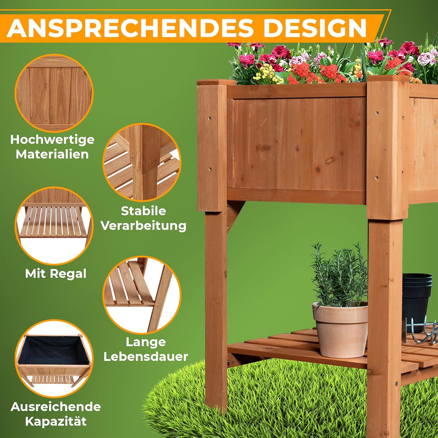 Coemo Hochbeet Holz 120 x 60 x 90 cm mit Ablageboden Pflanztrog Hochbeete-Kit Frühbeet Anzuchtbeet Kräuterbeet- Bausatz für Gemüse, Kräuter in Garten, Terrasse, Balkon und Sichtschutz – Bild 2