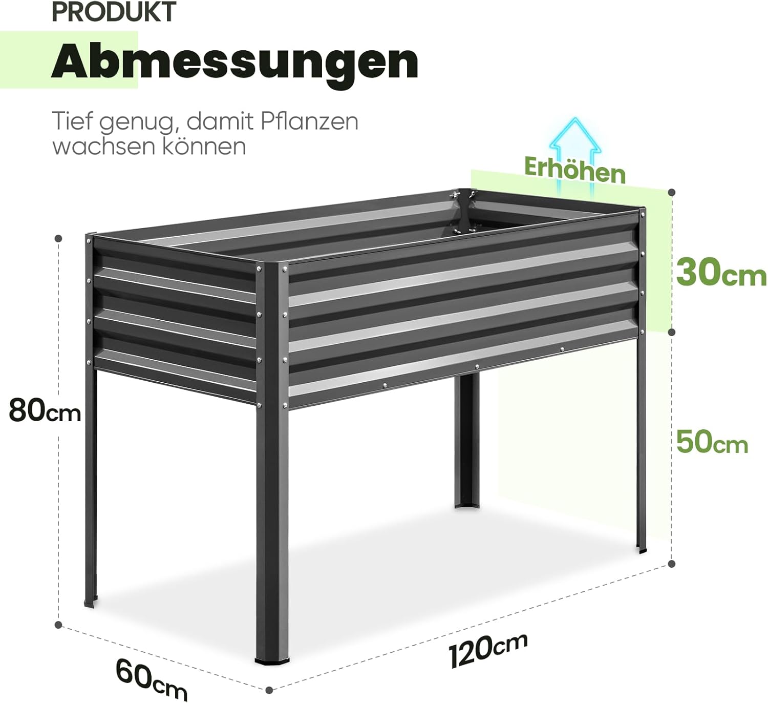 KING BIRD Hochbeet aus Metall, Frühbeet Bausatz Pflanzenbeet Pflanzkasten Blumenbett für Garten, Terrasse, Balkon, 181 kg Tragkraft, grau,120 x 60 x 80 cm – Bild 2