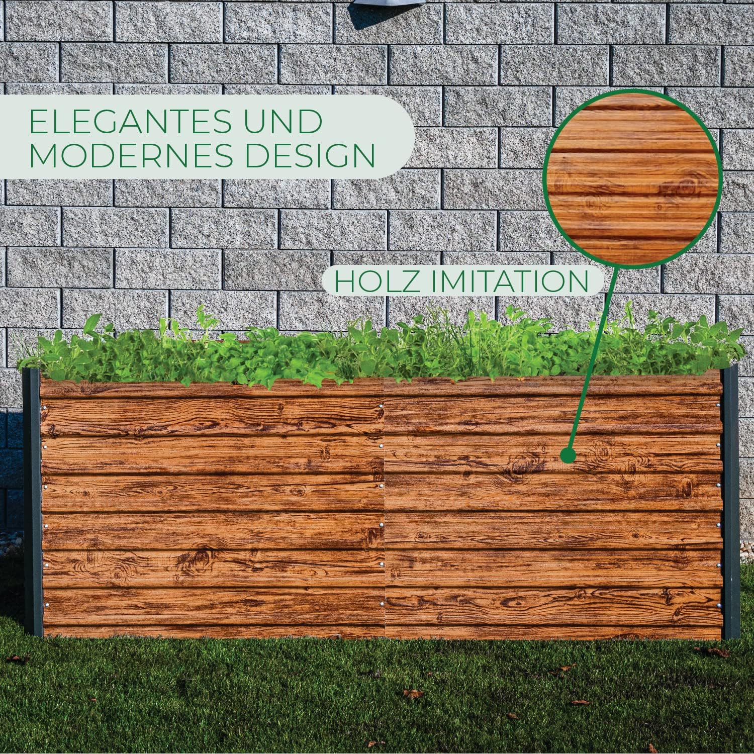 STREND PRO Hochbeet Metall 200x100x77 cm (LxBxH) Holz Imitation | Pflanzkasten Holz Effekt | Blumenkasten Holz Effekt | Garten Pflanzkasten Hoch | Gemüsebeet | Gartenbeet | Hochbeet Balkon Pflanzbeet – Bild 2