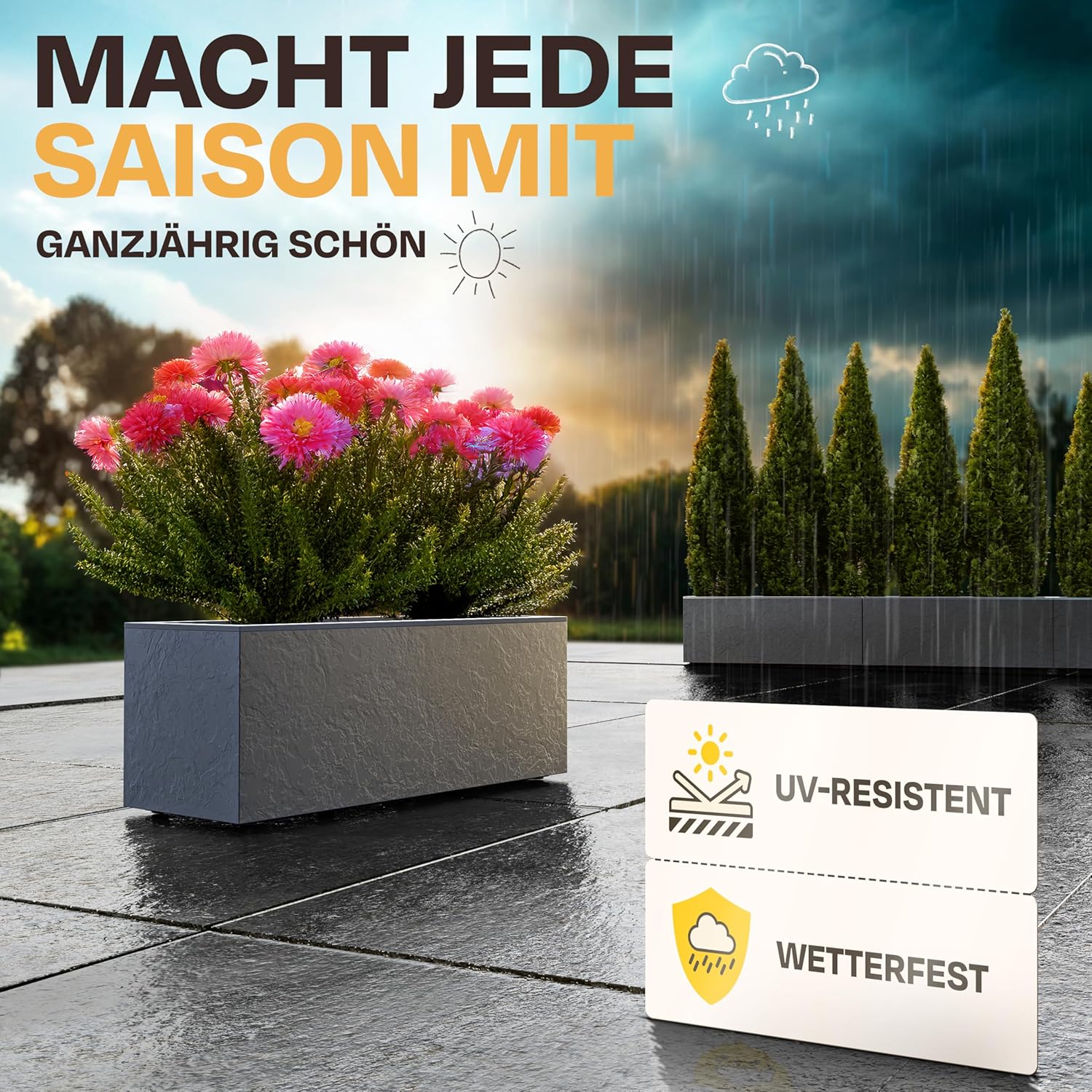 Ondis24 Pflanzkübel Vulkan, 57L Pflanzvolumen, rechteckig, Blumenkasten mit Wasserspeicher, Balkon Terrasse, Blumenkübel (Anthrazit) – Bild 5