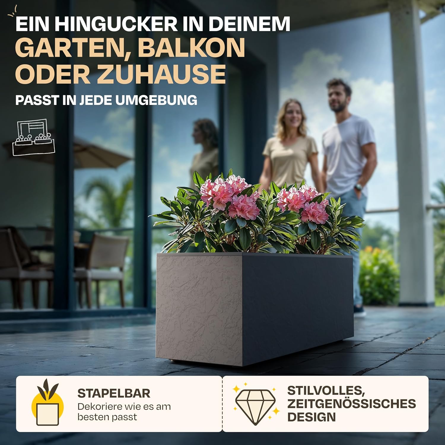 Ondis24 Pflanzkübel Vulkan, 57L Pflanzvolumen, rechteckig, Blumenkasten mit Wasserspeicher, Balkon Terrasse, Blumenkübel (Anthrazit) – Bild 6