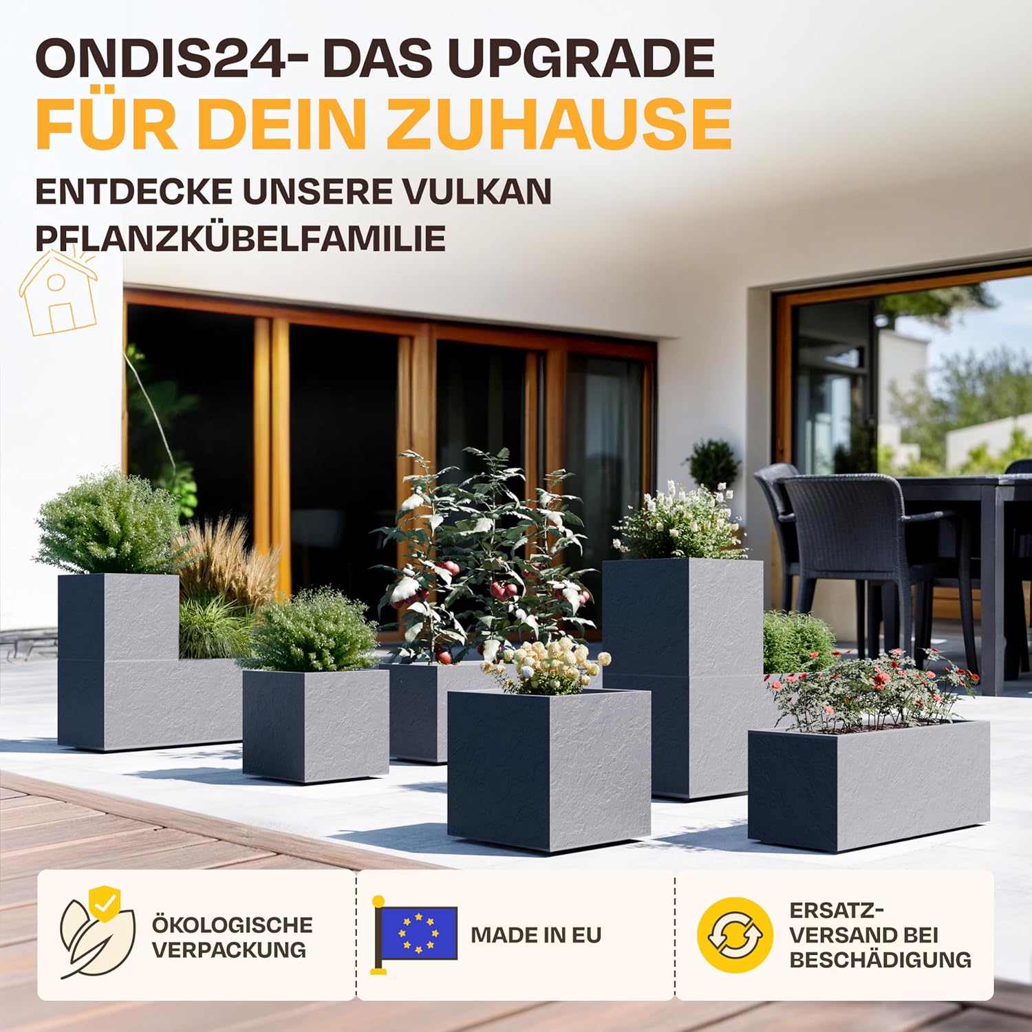 Ondis24 Pflanzkübel Vulkan, 57L Pflanzvolumen, rechteckig, Blumenkasten mit Wasserspeicher, Balkon Terrasse, Blumenkübel (Anthrazit) – Bild 7