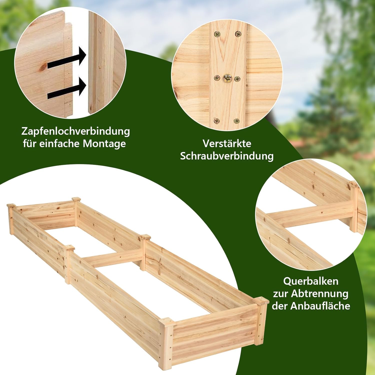 GOPLUS Hochbeet aus Tannenholz, Gartenbeet mit 2 Pflanzkästen & Trennwänden, Blumenkasten mit offenem Boden, Pflanzbeet Pflanzkasten Pflanzkübel für Blumen, Gemüse & Obst (240x60x25cm) – Bild 4