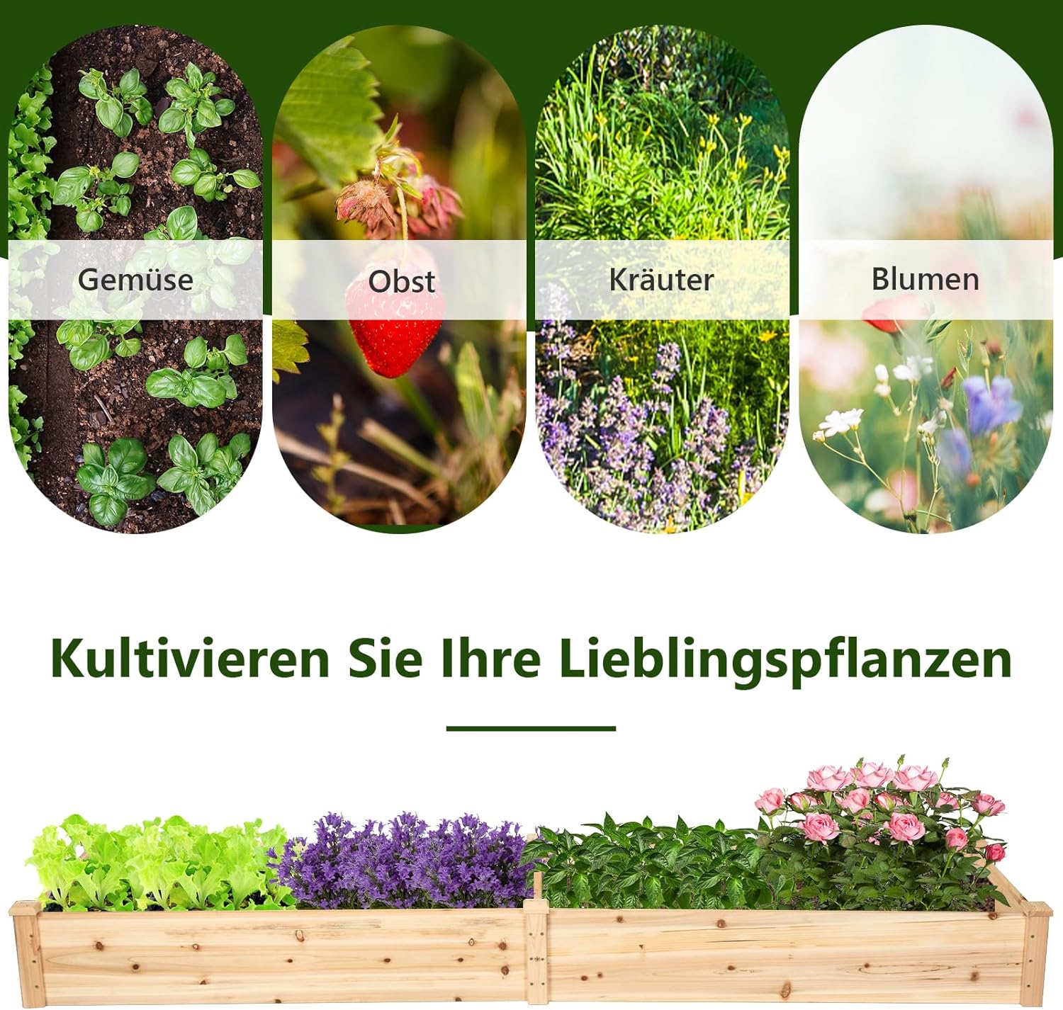 GOPLUS Hochbeet aus Tannenholz, Gartenbeet mit 2 Pflanzkästen & Trennwänden, Blumenkasten mit offenem Boden, Pflanzbeet Pflanzkasten Pflanzkübel für Blumen, Gemüse & Obst (240x60x25cm) – Bild 5