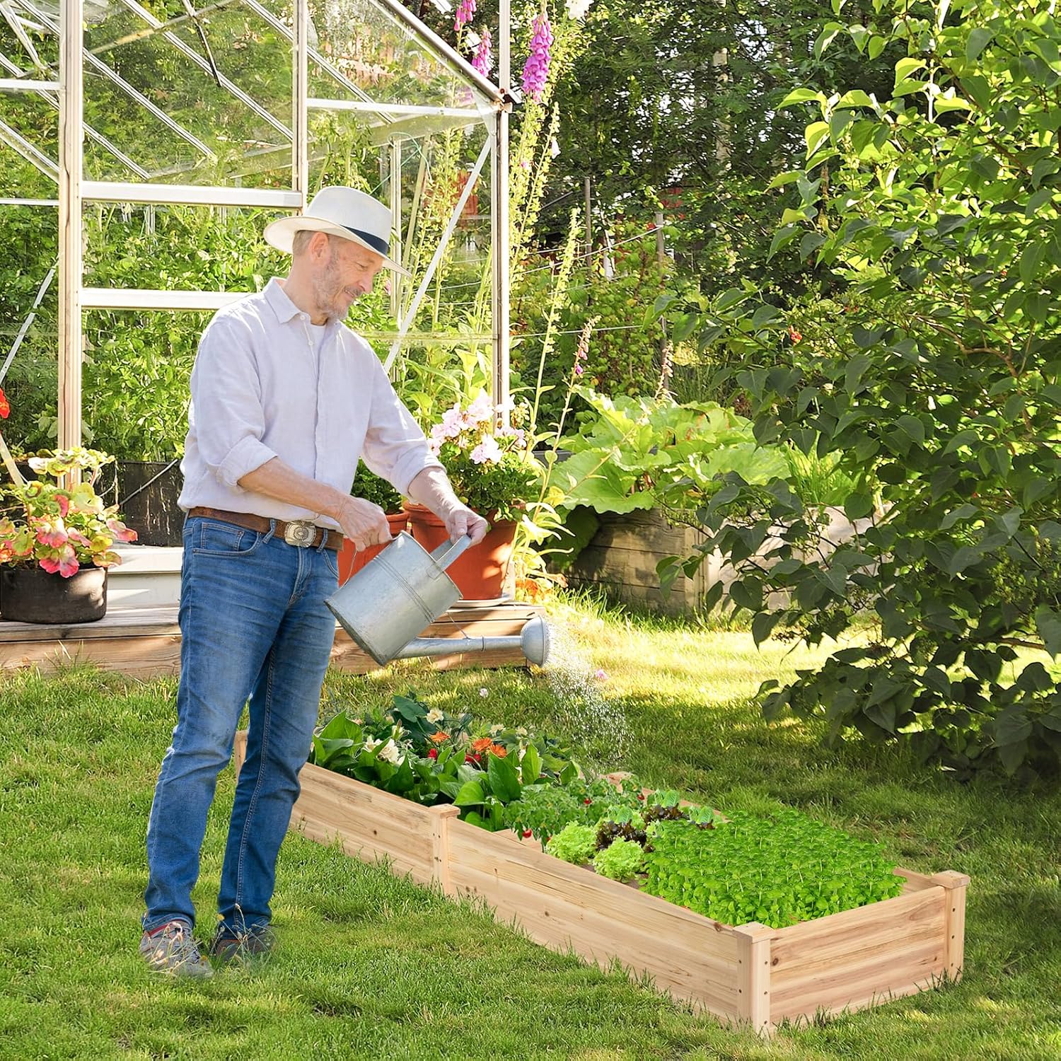 GOPLUS Hochbeet aus Tannenholz, Gartenbeet mit 2 Pflanzkästen & Trennwänden, Blumenkasten mit offenem Boden, Pflanzbeet Pflanzkasten Pflanzkübel für Blumen, Gemüse & Obst (240x60x25cm) – Bild 7