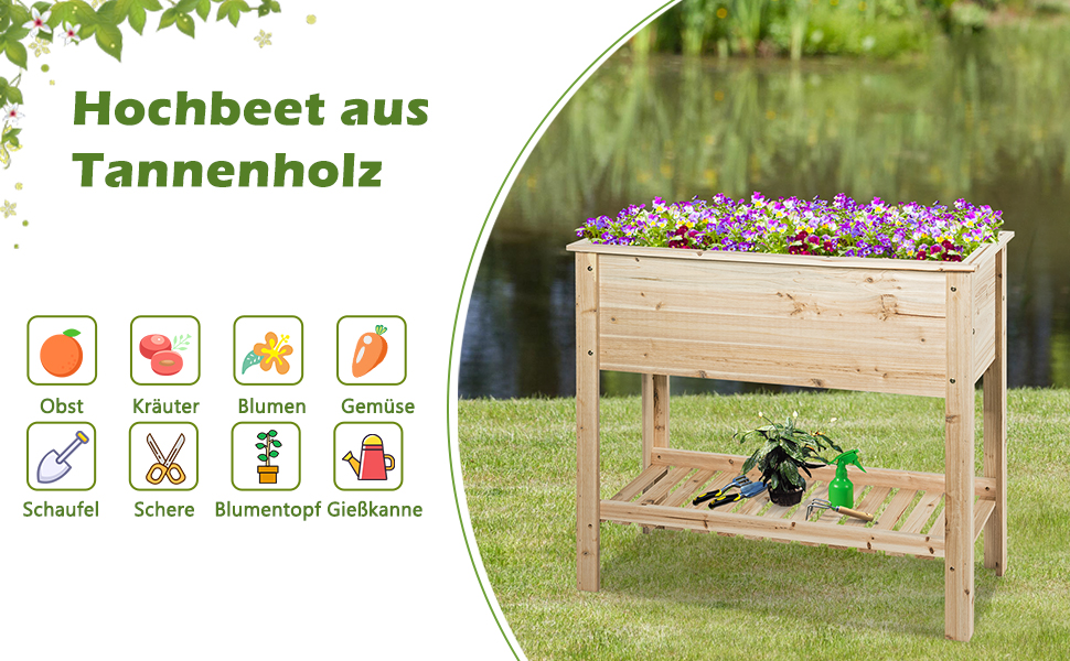 Hochbeet aus Holz mit Beinen. Konstruktion aus hellem Kiefernholz. Enthält Erde und blühende Pflanzen. Die Symbole zeigen, wie Gemüse, Kräuter und Blumen verwendet werden können.