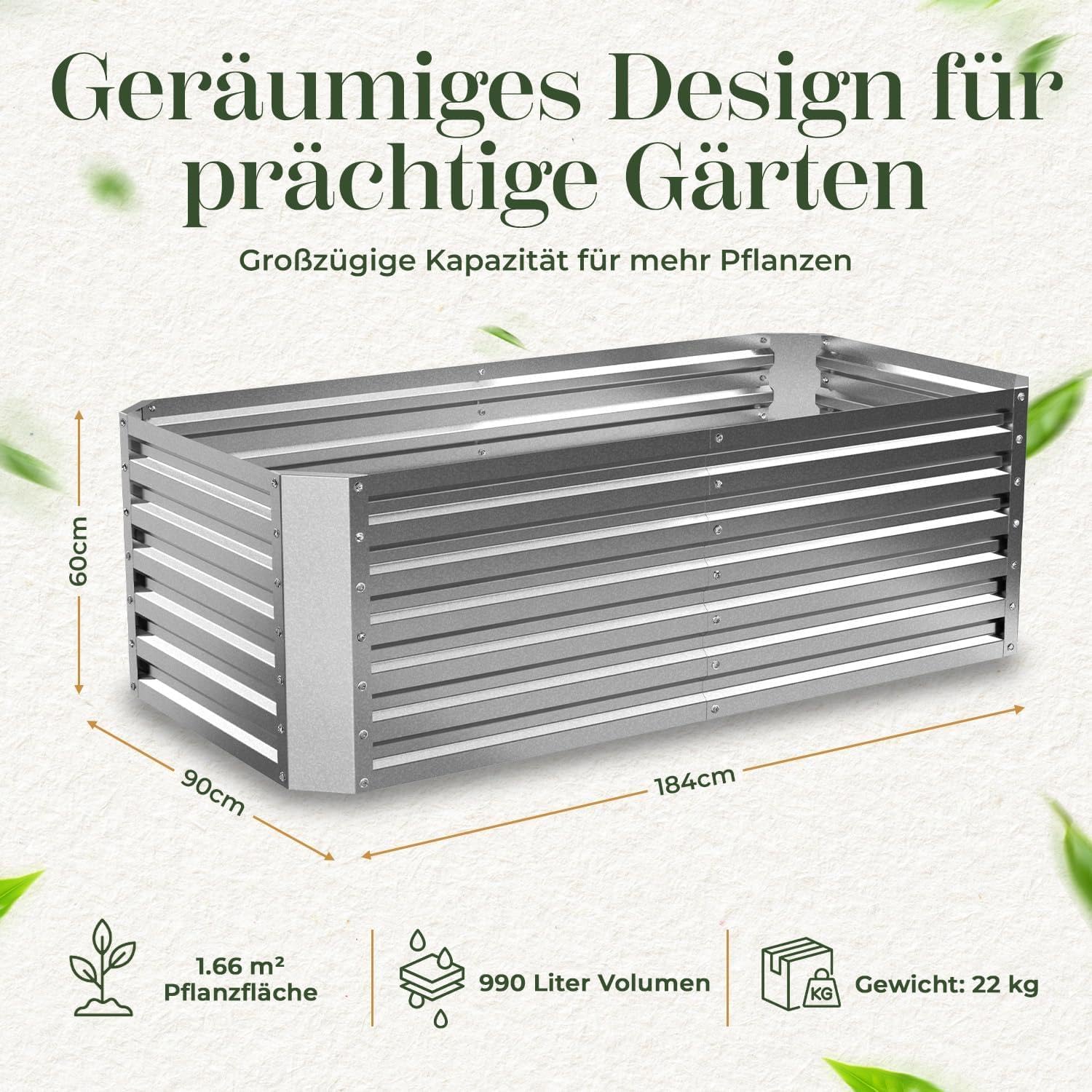 Gabiona | Hochbeet Metall verzinkt 184x90x60 cm – Großes Hochbeet für Garten, Gemüse, Kräuter & Blumen – Wetterfest, rostfrei, stabil – 990 L Volumen – Pflanzkasten rechteckig – Bild 2