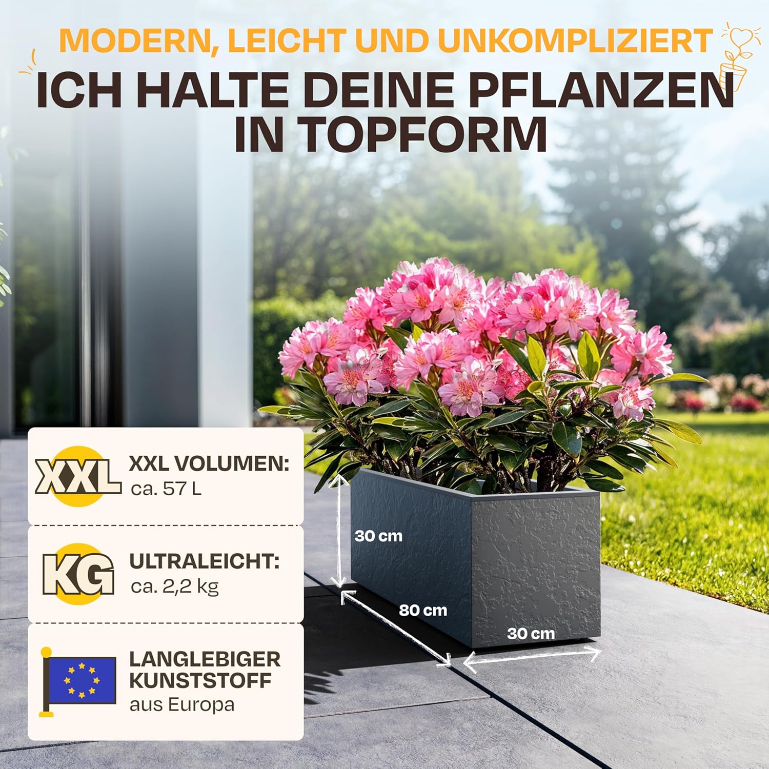 Ondis24 Pflanzkübel Vulkan, 57L Pflanzvolumen, rechteckig, Blumenkasten mit Wasserspeicher, Balkon Terrasse, Blumenkübel (Anthrazit) – Bild 2