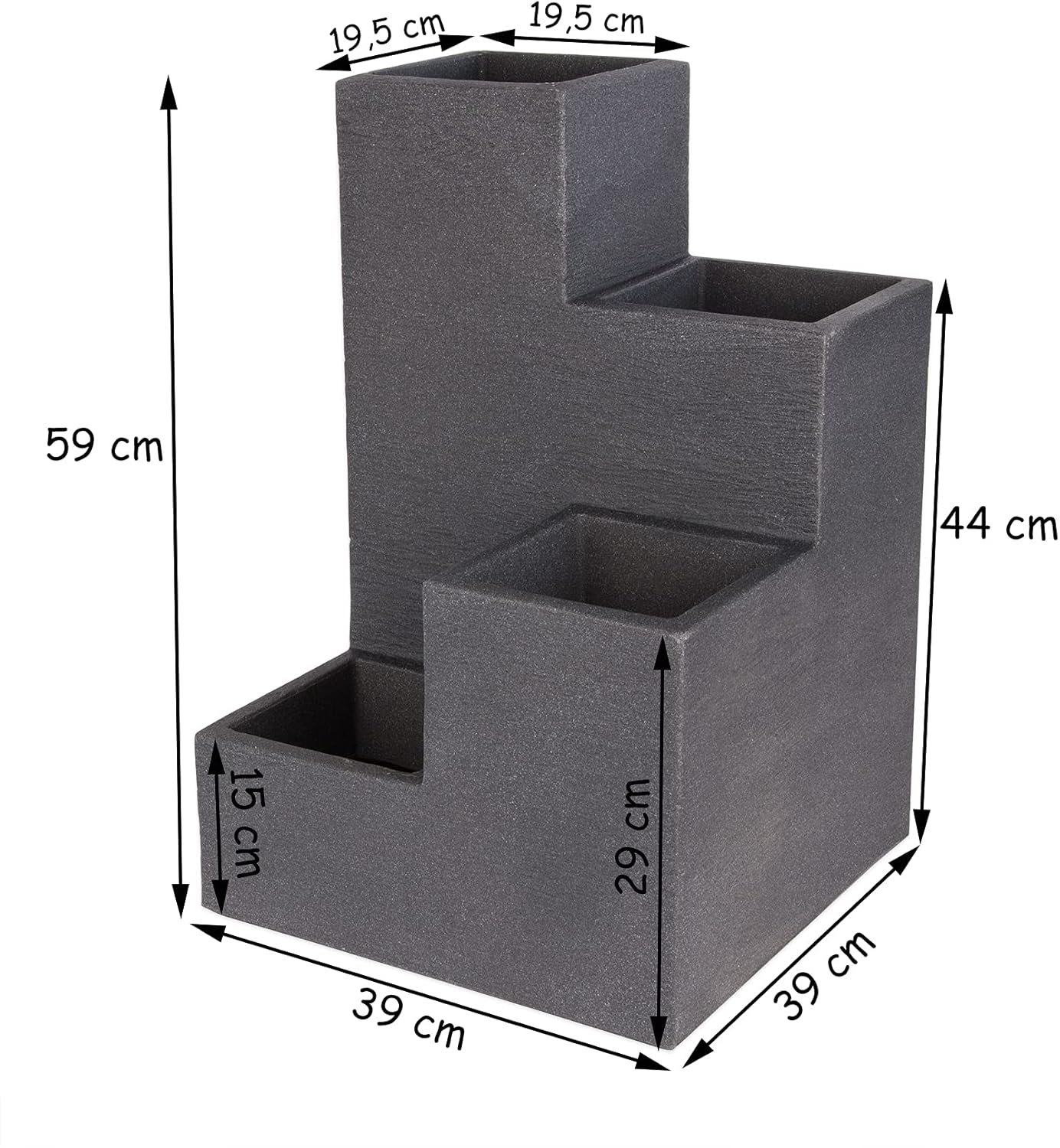 BigDean Blumentreppe in Granitstein-Optik - modernes Hochbeet in Anthrazit - 60x40x40 - Blumenkübel für Terrasse & Balkon - Kräutertreppe frostsicher & wasserdicht – Bild 3