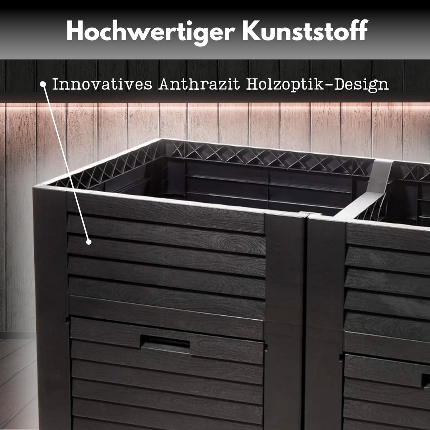 Hochbeet Garten XL, Hochbeet Kunststoff in Holzoptik, mit Zwei Staufächern, 150x76x78 cm, ca. 400 Liter, Farbe: anthrazit – Bild 4