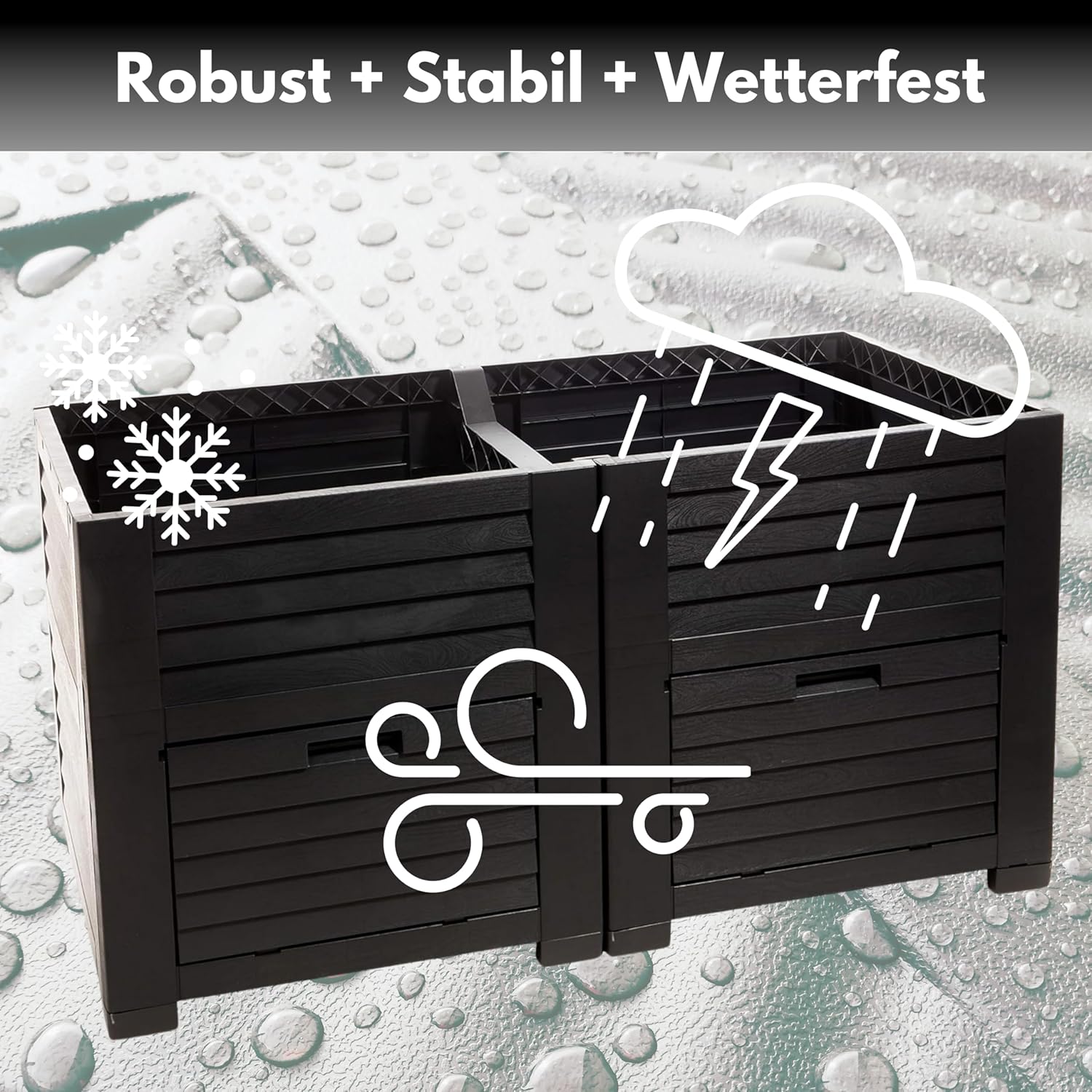 Hochbeet Garten XL, Hochbeet Kunststoff in Holzoptik, mit Zwei Staufächern, 150x76x78 cm, ca. 400 Liter, Farbe: anthrazit – Bild 5