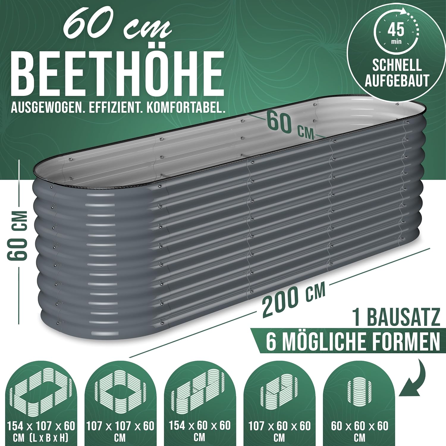 200x60x60 cm Hochbeet Metall I 6-in-1 Gartenbeet aus verzinktem Stahl I Pflanzbeet wetterfest & rostfrei I Ovales Gemüsebeet für Garten & Terasse I Hochbeet Bausatz ohne Boden (Anthrazit) – Bild 2