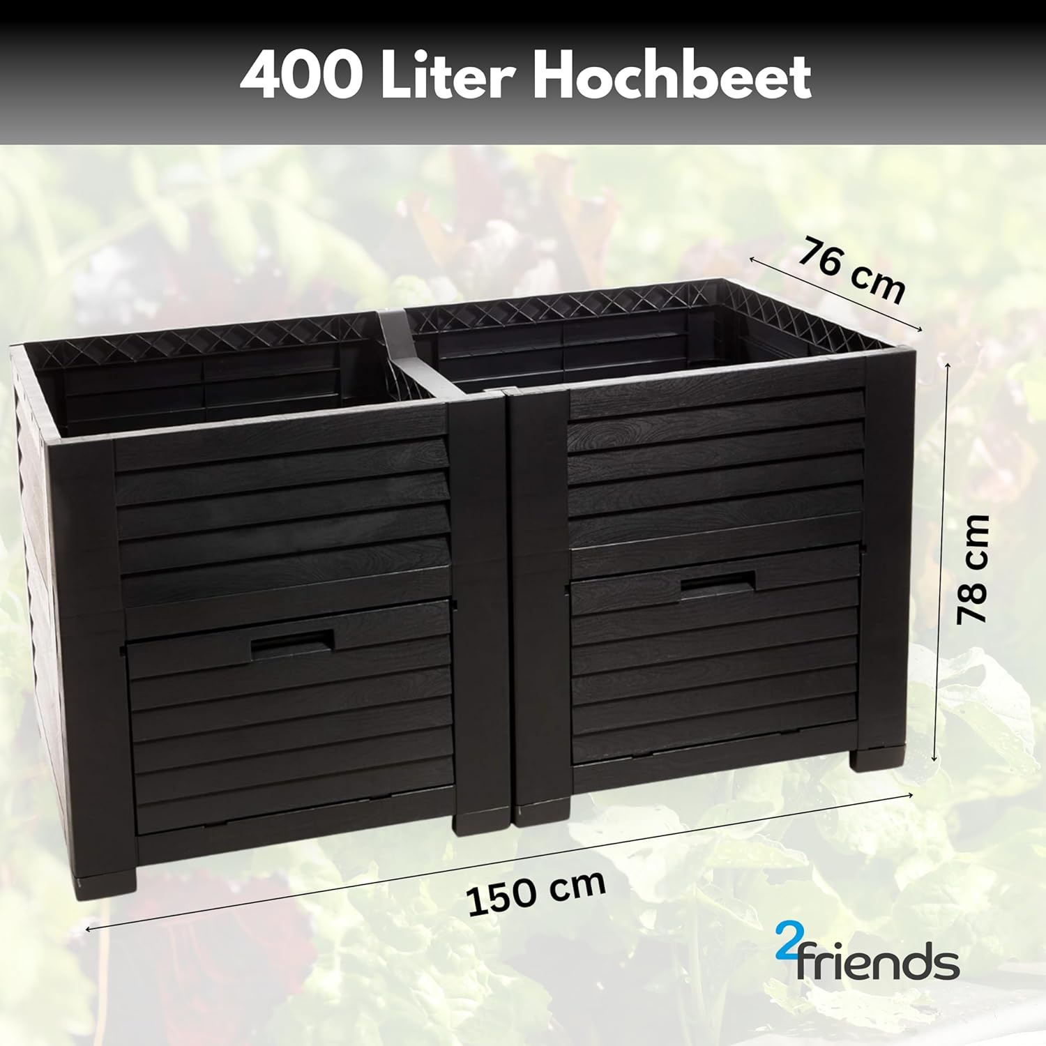 Hochbeet Garten XL, Hochbeet Kunststoff in Holzoptik, mit Zwei Staufächern, 150x76x78 cm, ca. 400 Liter, Farbe: anthrazit – Bild 2