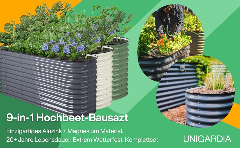 Gartenhochbeet-Set mit grauen Wellplatten. Das Produktbild zeigt ein zusammengebautes Pflanzgefäß, das mit verschiedenen Pflanzen und Blumen gefüllt ist. Als robust und langlebig beworben